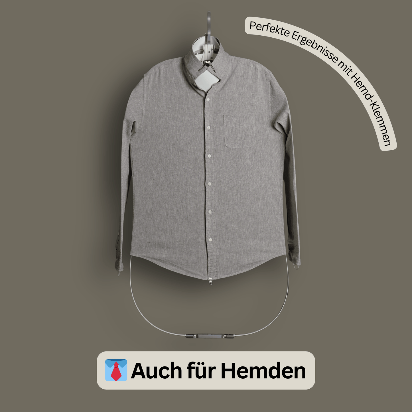 Langarmhemd glatt gespannt mit der Bügel ESEL® Bügelhilfe und Hemdklemmen – Alternative zur Hemdenbügler-Maschine oder Bügelpuppe