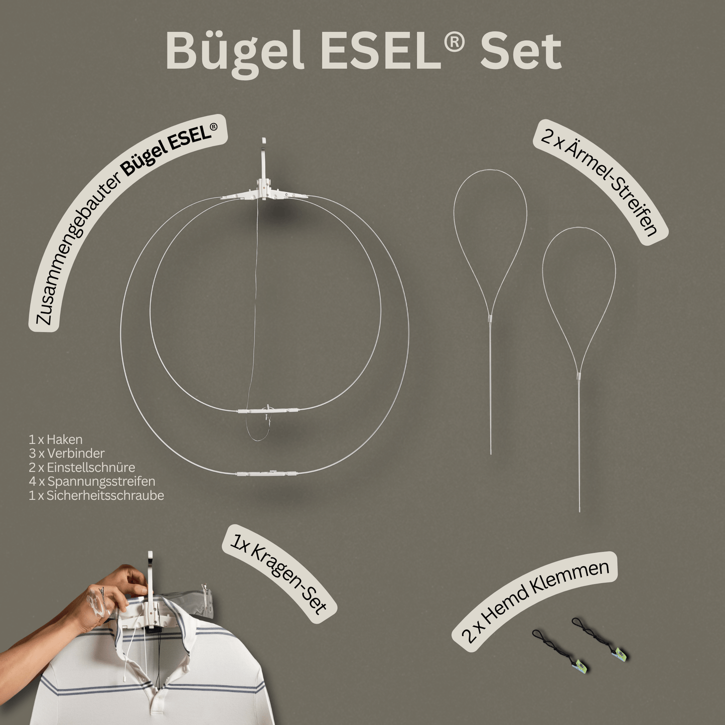 Bügelhilfe Bügel ESEL Set der Marke "ESEL® | Easy System Easy Life" – stromfreie Alternative zur Bügelpuppe/ zum Hemdbügler bzw. Bügeleisen mit allen Bestandteilen des Sets im Überblick