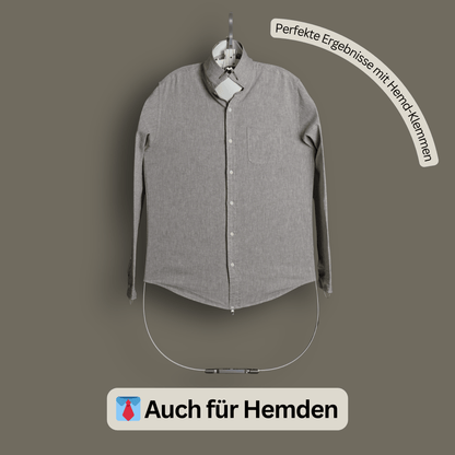 Langarmhemd glatt gespannt mit der Bügel ESEL® Bügelhilfe und Hemdklemmen – Alternative zur Hemdenbügler-Maschine oder Bügelpuppe
